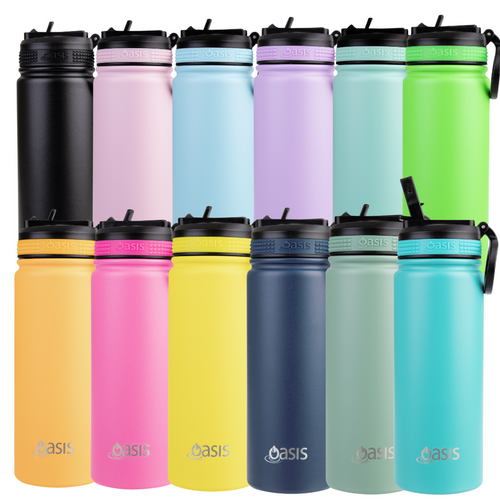 Oasis Stainless Steel Double Wall Insulated Challenger Sports Bottle With Sipper Straw 550ml Assorted Colours-Gift a Little gift shop